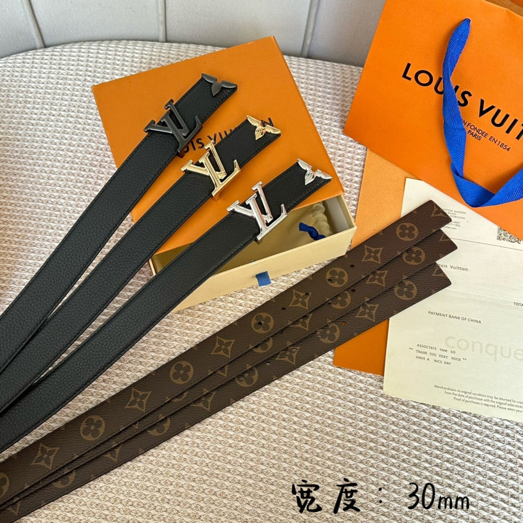 LOUIS VUITTON PRETTY LV 30MM REVERSIBLE BELT IN BLACK CALFSKIN SILVER HARDWARE